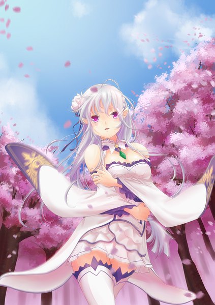 Anime picture 847x1200 with re:zero kara hajimeru isekai seikatsu white fox emilia (re:zero) ahsiu single long hair tall image looking at viewer open mouth purple eyes white hair cherry blossoms girl thighhighs dress plant (plants) detached sleeves petals tree (trees)