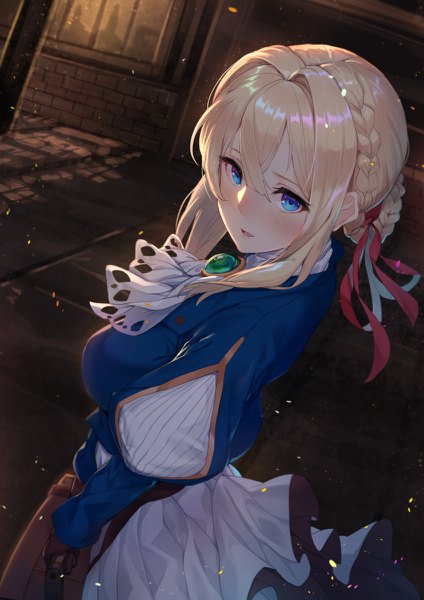 Anime picture 848x1200 with violet evergarden kyoto animation violet evergarden (character) raijuu (bakanara) single long hair tall image blush fringe blue eyes blonde hair hair between eyes holding looking away braid (braids) long sleeves parted lips from above sunlight dutch angle