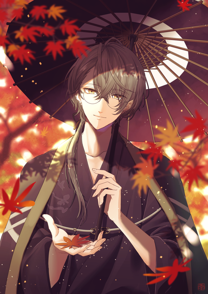 Anime picture 1060x1500 with virtual youtuber nijisanji kagami hayato kagami hayato (5th costume) kashima yue single long hair tall image fringe hair between eyes brown hair brown eyes upper body outdoors traditional clothes japanese clothes official alternate costume low ponytail autumn boy