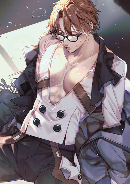 Anime picture 2480x3508 with honkai: star rail honkai (series) welt yang 3skumakuma single tall image fringe highres short hair light erotic hair between eyes brown hair sitting brown eyes from above double buttons boy glasses buttons speech bubble