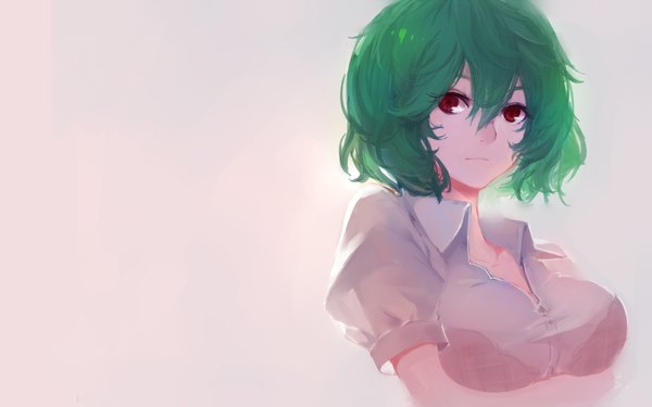 Anime picture 1920x1200 with touhou kazami yuuka sola7764 single fringe highres short hair breasts simple background red eyes looking away green hair girl shirt