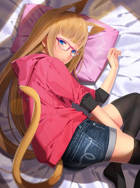 Anime picture 744x1000 with original ama mitsuki single long hair tall image looking at viewer brown hair animal ears tail lying animal tail cat ears cat girl cat tail girl thighhighs black thighhighs glasses shorts