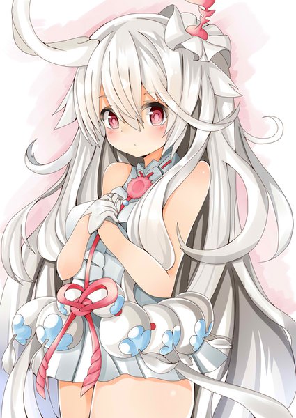Anime picture 1000x1412 with last period choko (last period) hidaka0503 single tall image looking at viewer blush fringe light erotic simple background hair between eyes bare shoulders white hair very long hair pink eyes sleeveless shiny skin hands clasped body blush messy hair
