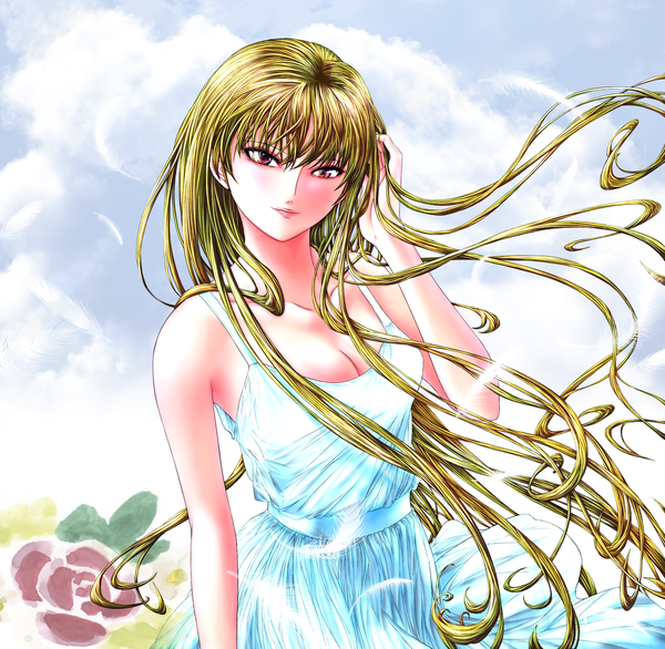 Anime picture 1800x1758 with tenshi na konamaiki amatsuka megumi auge (akd) long hair highres blonde hair red eyes girl feather (feathers) sundress