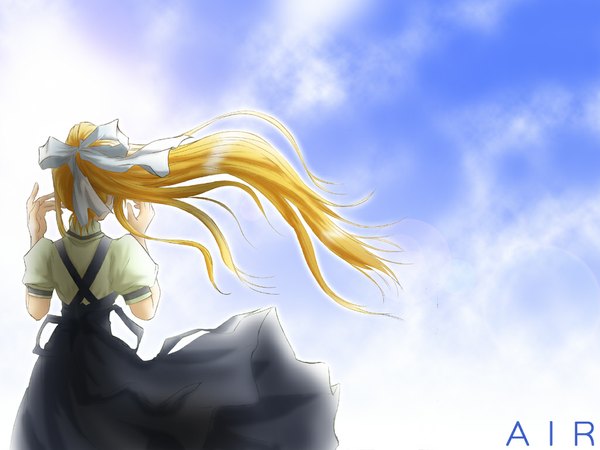 Anime picture 1024x768 with air key (studio) kamio misuzu long hair blonde hair sky girl uniform ribbon (ribbons) hair ribbon school uniform