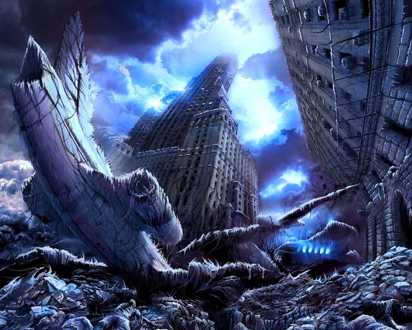 Anime picture 1280x1024 with alexiuss sky city ruins aircraft skyscraper airplane