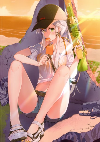 Anime picture 2426x3420 with original anceril sacred mishima kurone single long hair tall image looking at viewer blush fringe highres breasts light erotic hair between eyes sitting bare shoulders holding green eyes payot sky cloud (clouds)