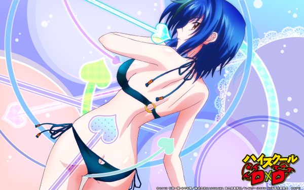 Anime picture 2560x1600 with highschool dxd xenovia quarta single highres short hair light erotic yellow eyes blue hair looking back multicolored hair two-tone hair girl swimsuit bikini