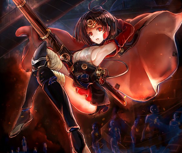 Anime picture 1787x1500 with koutetsujou no kabaneri wit studio mumei (kabaneri) gin ji single looking at viewer blush fringe highres short hair breasts open mouth light erotic red eyes brown hair holding ahoge bent knee (knees) traditional clothes japanese clothes