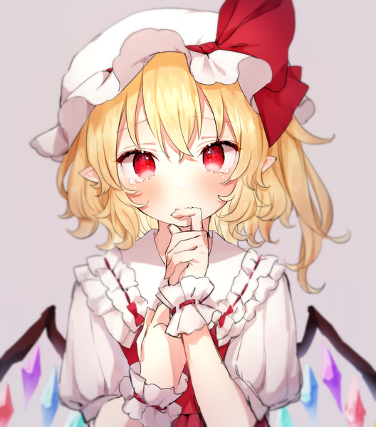 Anime picture 803x912 with touhou flandre scarlet honotai single tall image blush fringe short hair simple background blonde hair hair between eyes red eyes pointy ears grey background tears one side up bite girl hat wings