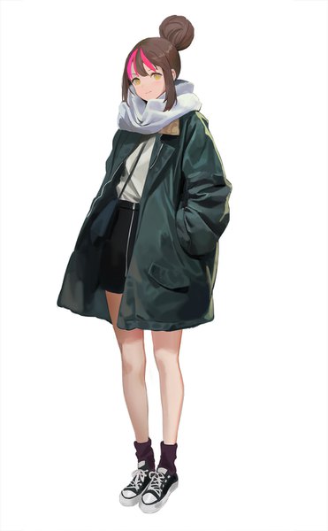 Anime picture 927x1500 with original sl86 single tall image looking at viewer fringe short hair simple background brown hair standing white background yellow eyes payot full body multicolored hair open jacket two-tone hair hair bun (hair buns) streaked hair hands in pockets