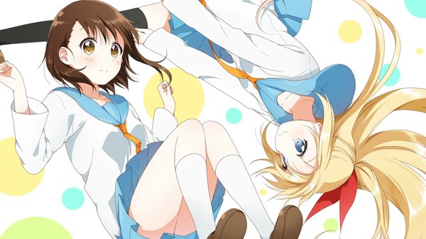 Anime picture 1920x1080 with nisekoi shaft (studio) kirisaki chitoge onodera kosaki namori long hair highres blue eyes blonde hair smile brown hair wide image multiple girls yellow eyes end card girl thighhighs uniform bow black thighhighs