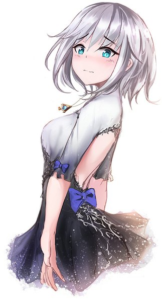 Anime picture 431x800 with idolmaster idolmaster cinderella girls anastasia (idolmaster) leicia (artist) single tall image looking at viewer blush fringe short hair breasts blue eyes simple background white background silver hair bare back girl dress bow frills