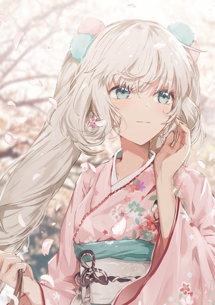 Anime picture 700x990 with fate (series) fate/grand order marie antoinette (fate/grand order) dangmill single long hair tall image twintails looking away upper body traditional clothes japanese clothes aqua eyes wind grey hair cherry blossoms girl earrings petals kimono