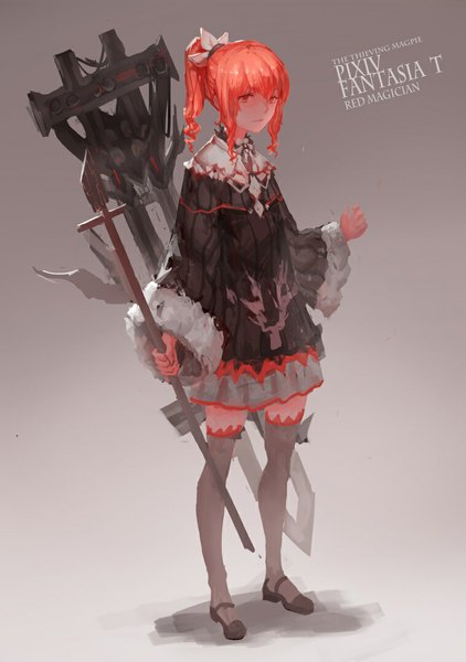 Anime picture 759x1078 with original pixiv fantasia pixiv fantasia t zxq single long hair tall image fringe simple background standing long sleeves pleated skirt orange hair inscription grey background wide sleeves orange eyes girl thighhighs skirt