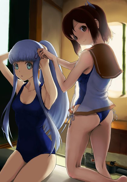 Anime picture 1280x1833 with kantai collection aoki hagane no arpeggio i-401 aircraft carrying submarine i-402 (aoki hagane no arpeggio) kagami seijin long hair tall image looking at viewer blush light erotic brown hair sitting multiple girls brown eyes green eyes blue hair ass ponytail adjusting hair tying hair