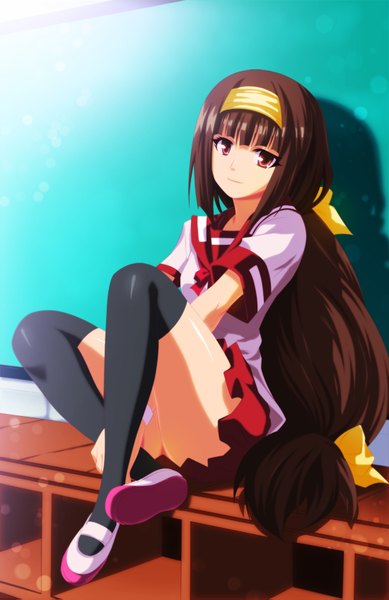 Anime picture 1100x1695 with medaka box gainax ajimu najimi eroishi single long hair tall image light erotic smile brown hair brown eyes pleated skirt coloring light girl thighhighs skirt uniform bow black thighhighs