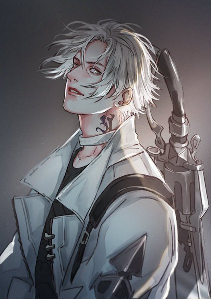 Anime picture 636x900 with final fantasy final fantasy xiv square enix thancred waters saito yukihiro single tall image looking at viewer fringe short hair simple background hair between eyes silver hair upper body parted lips grey background open jacket tattoo silver eyes gunblade