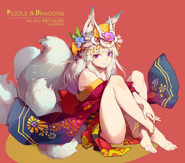 Anime picture 1447x1280 with puzzle & dragons mitsuki (p&d) tennohi single long hair looking at viewer fringe light erotic simple background smile sitting purple eyes bare shoulders signed animal ears payot full body bent knee (knees) white hair tail