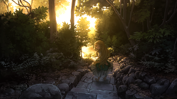 Anime picture 1600x900 with original benitama single long hair blonde hair smile wide image eyes closed barefoot sunlight grin dark background hands behind back girl dress plant (plants) tree (trees) forest stairs bushes