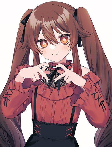 Anime picture 1199x1575 with genshin impact hu tao (genshin impact) gnsn pizza single long hair tall image looking at viewer blush fringe simple background smile hair between eyes brown hair standing twintails upper body long sleeves nail polish multicolored hair wide sleeves