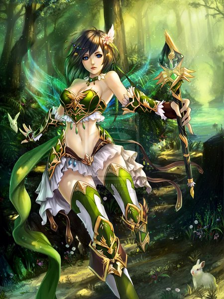 Anime picture 800x1066 with original chaosringen single tall image looking at viewer short hair blue eyes brown hair bare shoulders hair flower realistic watermark nature running fairy navel hair ornament flower (flowers) plant (plants) animal