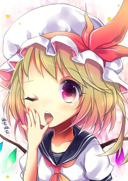 Anime picture 1019x1440 with touhou flandre scarlet uta (kuroneko) single tall image blush short hair open mouth blonde hair nail polish one eye closed pink eyes fingernails wink alternate costume long fingernails red nail polish yawn girl uniform