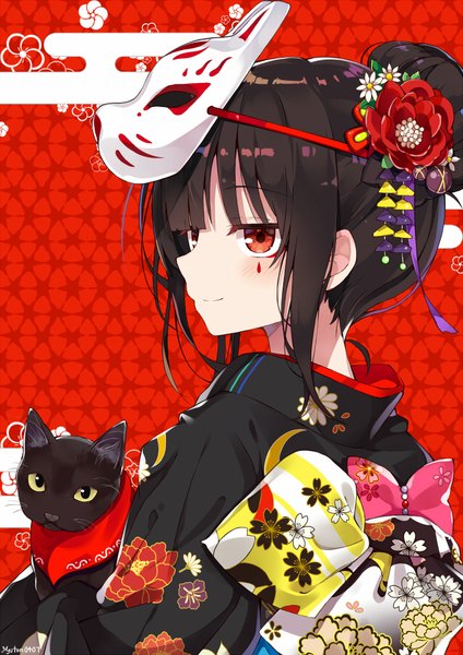 Anime picture 636x900 with original myuton single tall image looking at viewer blush fringe short hair black hair red eyes upper body blunt bangs traditional clothes japanese clothes hair bun (hair buns) floral print mask on head face paint egasumi girl