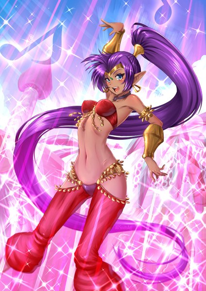 Anime picture 1240x1754 with shantae shantae (character) adsouto single tall image looking at viewer blush breasts open mouth blue eyes light erotic standing bare shoulders signed payot purple hair nipples ponytail very long hair traditional clothes