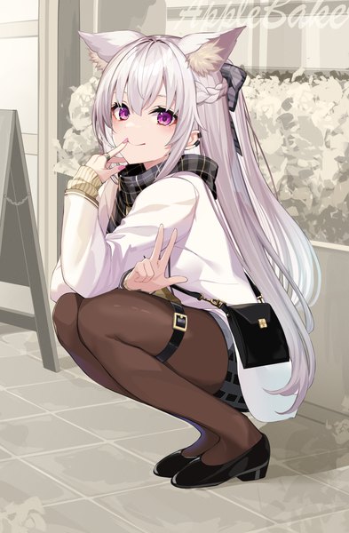 Anime picture 3170x4836 with original takehana note single long hair tall image looking at viewer fringe highres smile hair between eyes animal ears payot absurdres silver hair full body outdoors braid (braids) long sleeves nail polish pink eyes