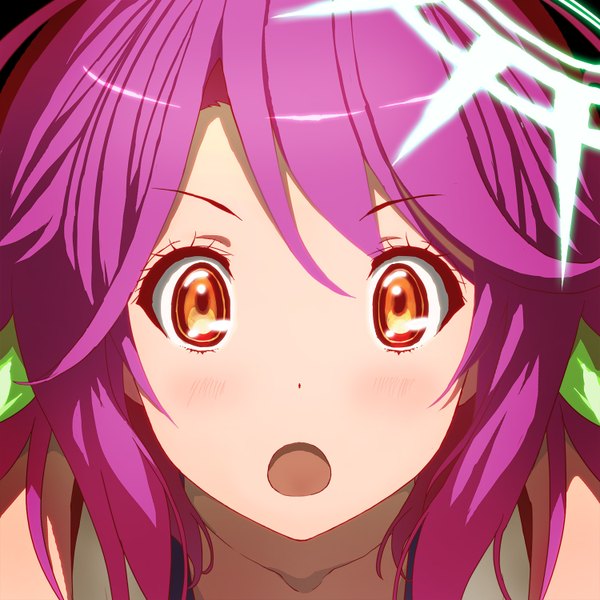 Anime picture 1500x1500 with no game no life madhouse jibril (no game no life) tech chimera single long hair blush fringe open mouth pink hair orange eyes close-up face surprised girl