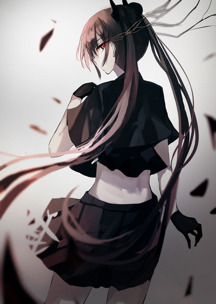 Anime picture 1100x1542 with girls frontline ouroboros (girls frontline) beckzawachi single long hair tall image looking at viewer fringe black hair simple background hair between eyes red eyes standing twintails profile pleated skirt looking back wind from behind blurry
