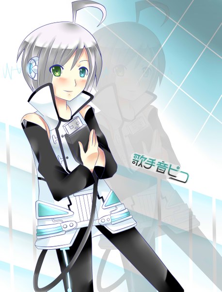 Anime picture 1935x2537 with vocaloid utatane piko single tall image blush highres short hair light smile grey hair heterochromia boy detached sleeves headphones wire (wires) usb
