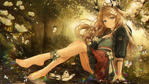 Anime picture 5760x3240 with virtual youtuber indie virtual youtuber lunia (vtuber) bbeedol single long hair looking at viewer blush fringe highres blue eyes smile brown hair wide image sitting animal ears absurdres full body bent knee (knees) outdoors