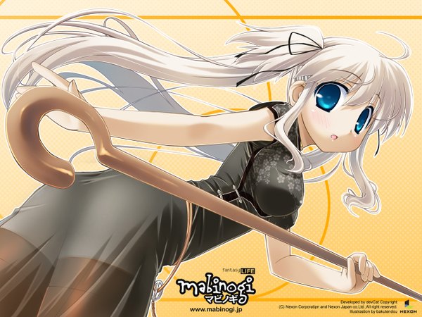 Anime picture 1280x960 with mabinogi nao (mabinogi) bakutendou single long hair looking at viewer blush fringe open mouth blue eyes hair between eyes holding signed payot white hair copyright name floating hair floral print covered nipples translucent