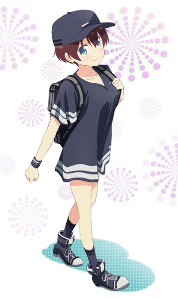 Anime picture 1221x2048 with new game! doga kobo shinoda hajime pink x single tall image looking at viewer blush fringe short hair breasts blue eyes smile hair between eyes brown hair white background full body short sleeves walking girl