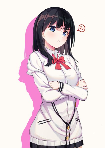 Anime picture 1000x1415 with gridman universe ssss.gridman studio trigger takarada rikka grz single long hair tall image looking at viewer blush fringe breasts blue eyes black hair simple background standing white background pleated skirt off shoulder crossed arms