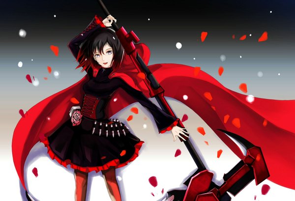 Anime picture 1600x1091 with rwby rooster teeth ruby rose pierrot single short hair open mouth black hair smile red hair multicolored hair two-tone hair happy silver eyes girl flower (flowers) weapon petals pantyhose rose (roses)
