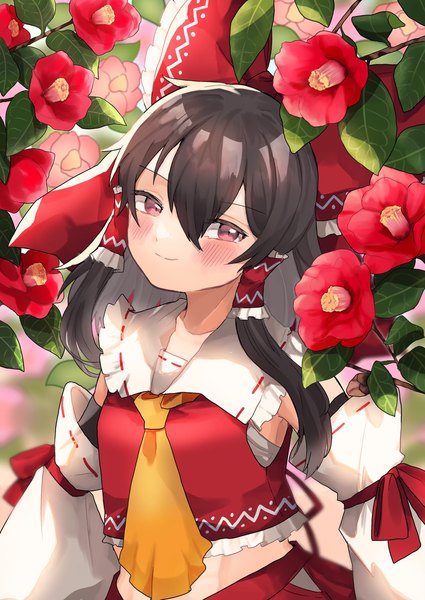 Anime picture 1254x1770 with touhou hakurei reimu uchisaki himari single long hair tall image blush fringe black hair smile hair between eyes purple eyes upper body traditional clothes japanese clothes nontraditional miko girl flower (flowers) bow hair bow
