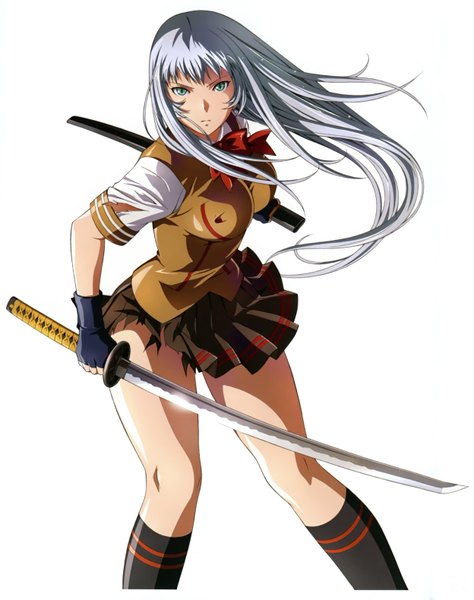 Anime picture 4990x6314 with ikkitousen chouun shiryuu rin sin single long hair tall image looking at viewer highres blue eyes simple background white background absurdres silver hair scan official art girl gloves uniform school uniform socks