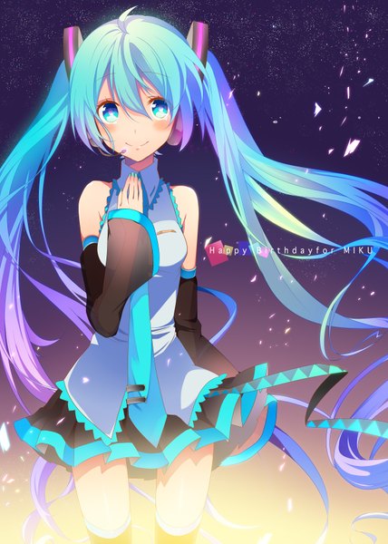 Anime picture 2507x3514 with vocaloid hatsune miku temari (deae) single tall image looking at viewer blush highres smile twintails bare shoulders very long hair aqua eyes aqua hair girl skirt detached sleeves headphones