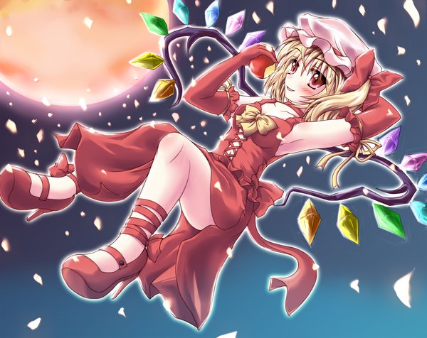 Anime picture 1755x1395 with touhou flandre scarlet hiiragi tomoka highres short hair blonde hair red eyes eating flying red moon girl hat detached sleeves petals wings moon full moon