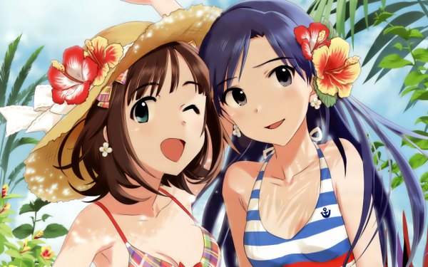 Anime picture 2560x1600 with idolmaster kisaragi chihaya amami haruka long hair highres short hair open mouth brown hair wide image multiple girls blue hair one eye closed hair flower light smile wink girl hair ornament flower (flowers) 2 girls swimsuit