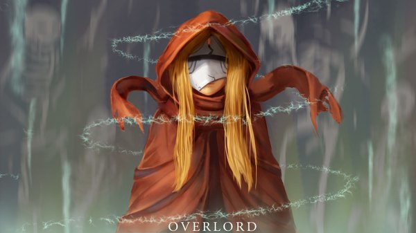 Anime picture 3178x1788 with overlord (maruyama) madhouse evileye (overlord) li (gdew2857) single long hair highres blonde hair wide image standing upper body blurry copyright name text magic skeleton girl scarf hood cloak