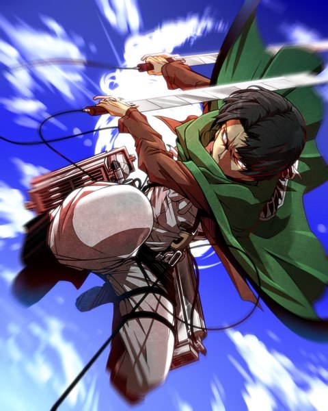 Anime picture 1024x1280 with shingeki no kyojin production i.g levi (rivaille) jin (pixiv25259) tall image short hair black hair holding sky orange eyes dual wielding midair boy weapon sword jacket cape pants knee boots rope