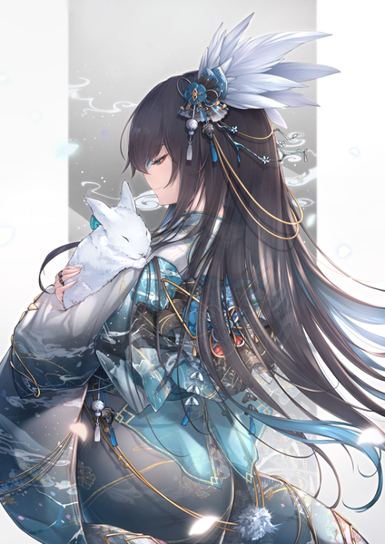 Anime picture 955x1351 with original yue ying jin feng single long hair tall image fringe blue eyes black hair simple background hair between eyes standing holding looking away traditional clothes japanese clothes profile multicolored hair from behind floral print colored inner hair