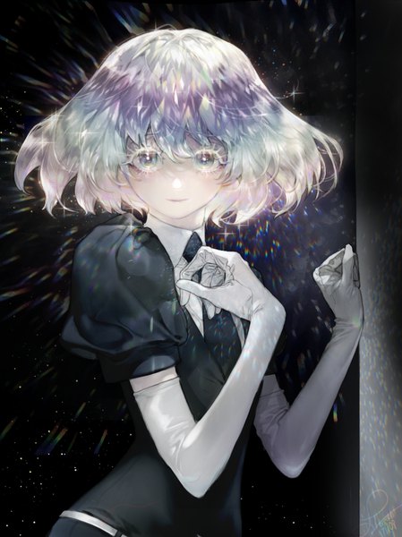 Anime picture 945x1263 with houseki no kuni diamond (houseki no kuni) pigeon666 single tall image looking at viewer fringe short hair hair between eyes silver hair upper body sparkle puffy sleeves silver eyes shiny androgynous gloves elbow gloves white gloves