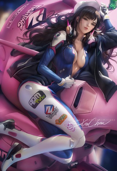 Anime-Bild 684x1000 mit overwatch blizzard entertainment d.va (overwatch) meka (overwatch) shooting star d.va sakimichan single long hair tall image looking at viewer blush fringe breasts light erotic black hair holding signed lying blunt bangs from above