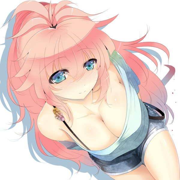 Anime picture 1000x1000 with original sts single long hair looking at viewer breasts blue eyes light erotic simple background large breasts white background pink hair girl shorts