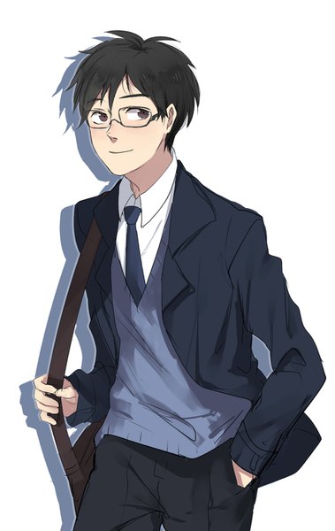 Anime picture 900x1423 with yuri!!! on ice mappa katsuki yuuri na yeon single tall image blush fringe short hair black hair simple background hair between eyes standing white background brown eyes looking away light smile shadow hand in pocket boy